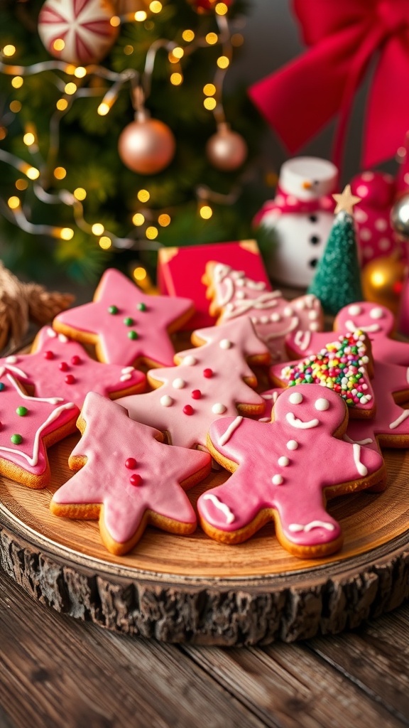 A collection of pink gingerbread cookies with festive decorations on a wooden platter surrounded by holiday lights.